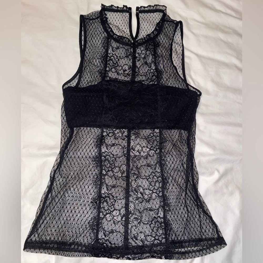 Express mesh sheer black blouse top with built in bra lace xs